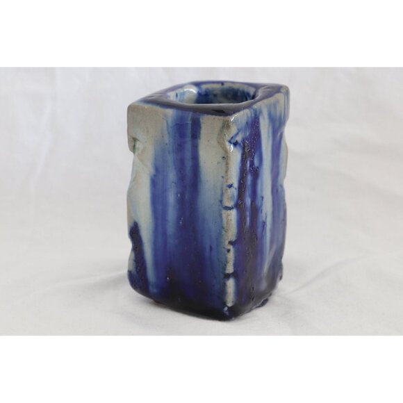Vtg Handmade 1980's Cobalt Blue Ceramic Vase Pencil Pen Holder Heavily Glazed - Picture 1 of 6